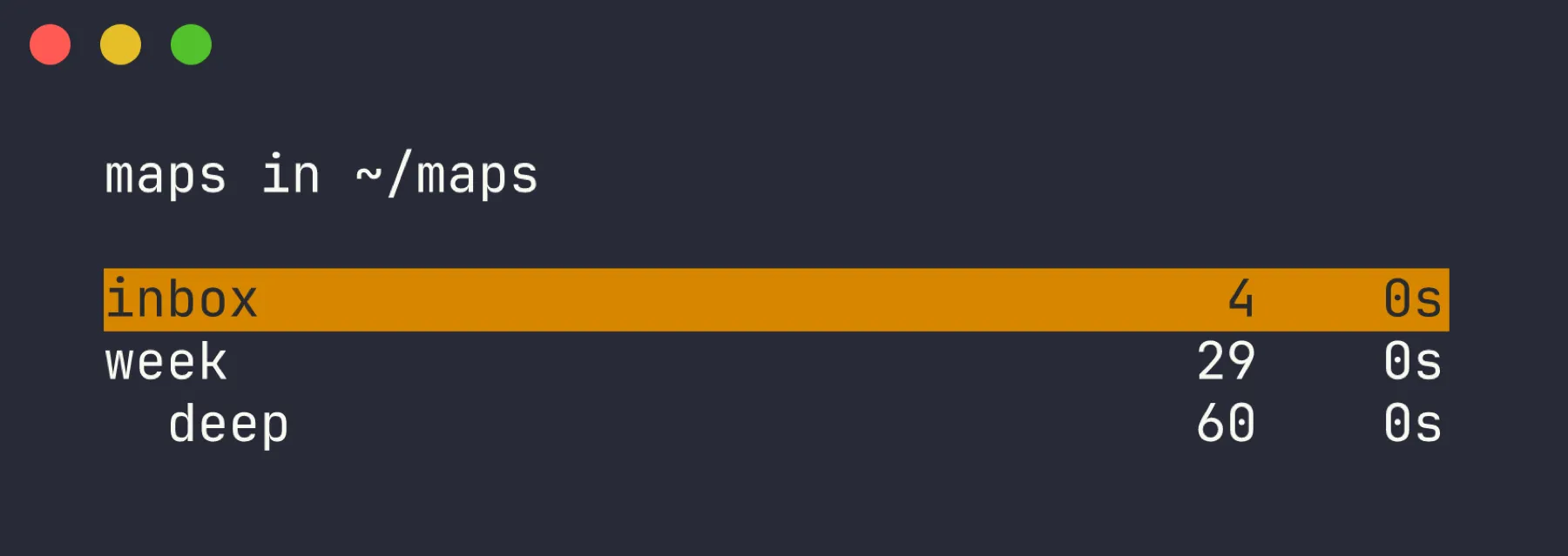 The list screen: every map in the folder, nested under whoever links to it