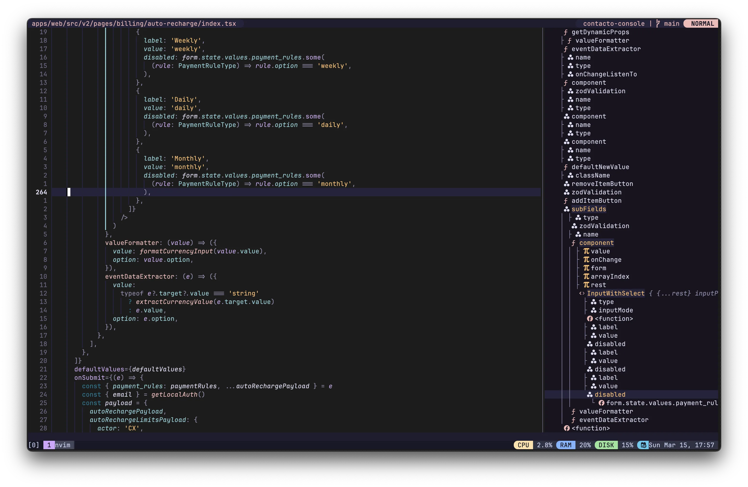 Neovim with outline symbols and Rose Pine theme