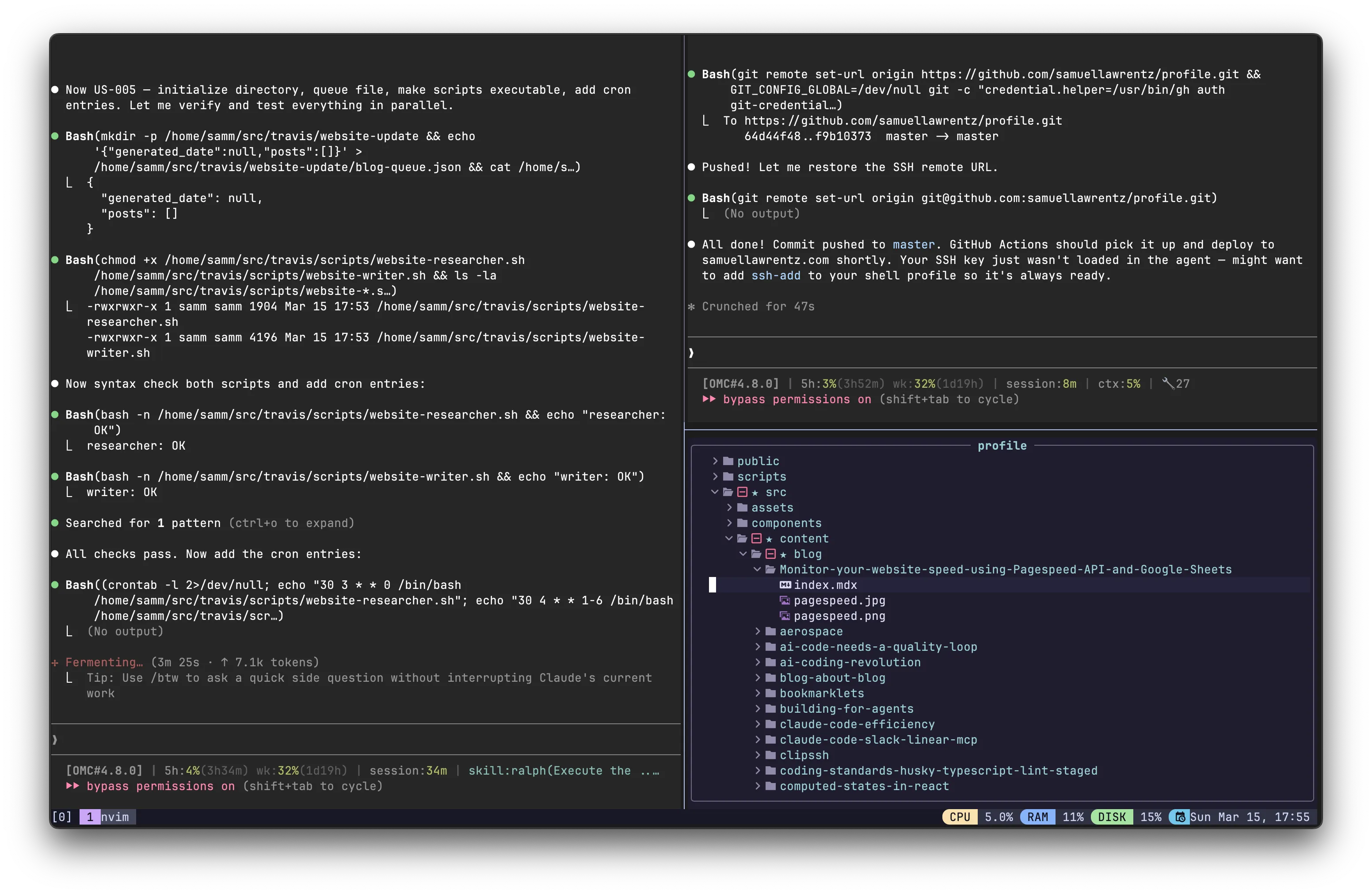 My full setup — Neovim + tmux + Claude Code side by side